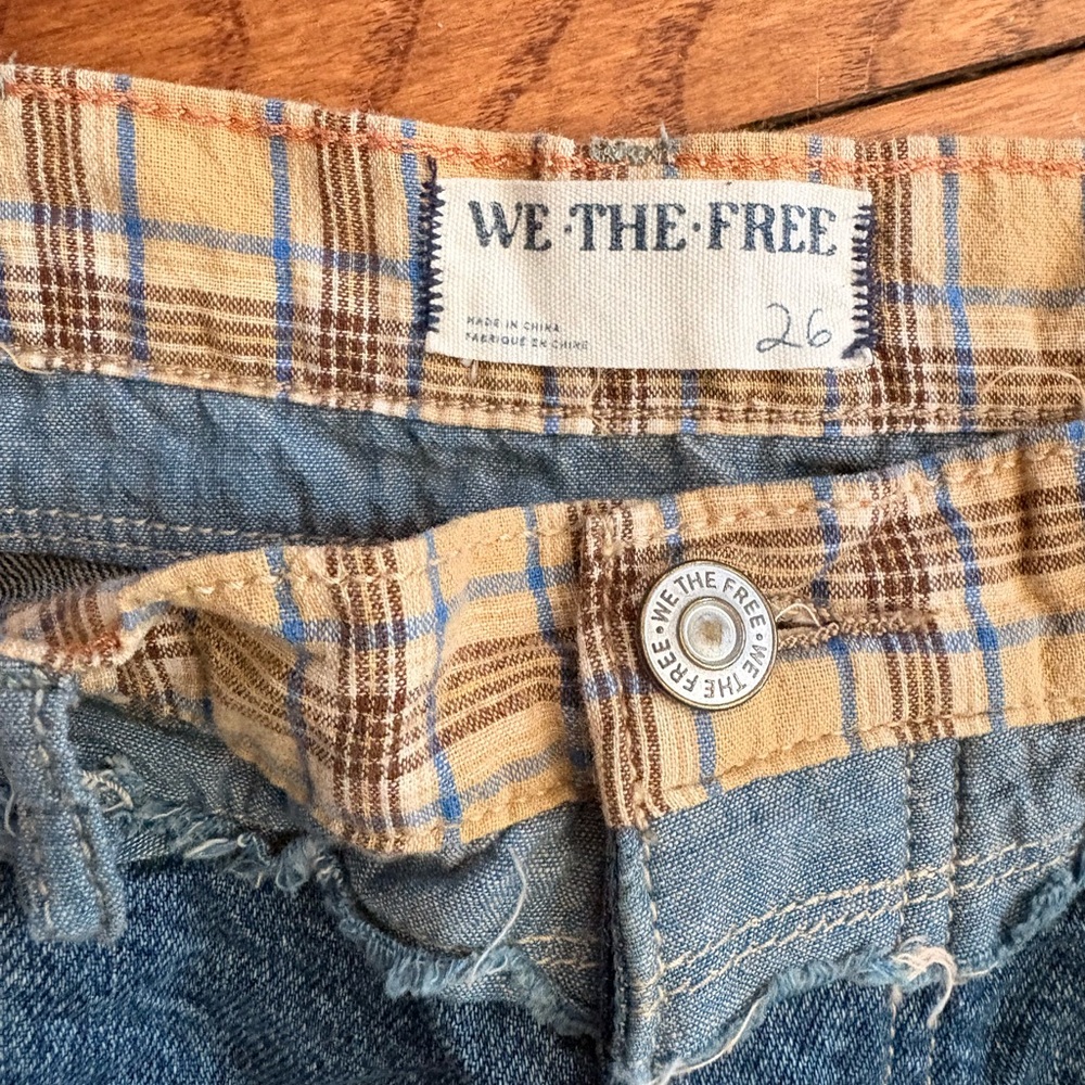 Free People Blue Distressed Patchwork Jeans with Plaid Accents - Picture 3 of 9